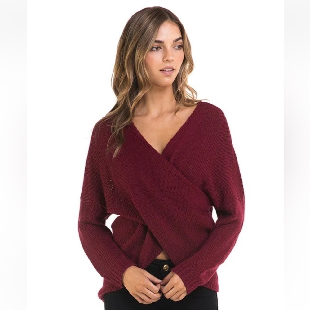 KIRUNDO Long Sleeve Cross Wrap V Neck Knit Sweater Off Shoulder Backless